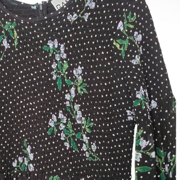 GANNI The Vikki Shirred‎ Printed Chiffon Midi Dress with Pockets - Black - Picture 6 of 12